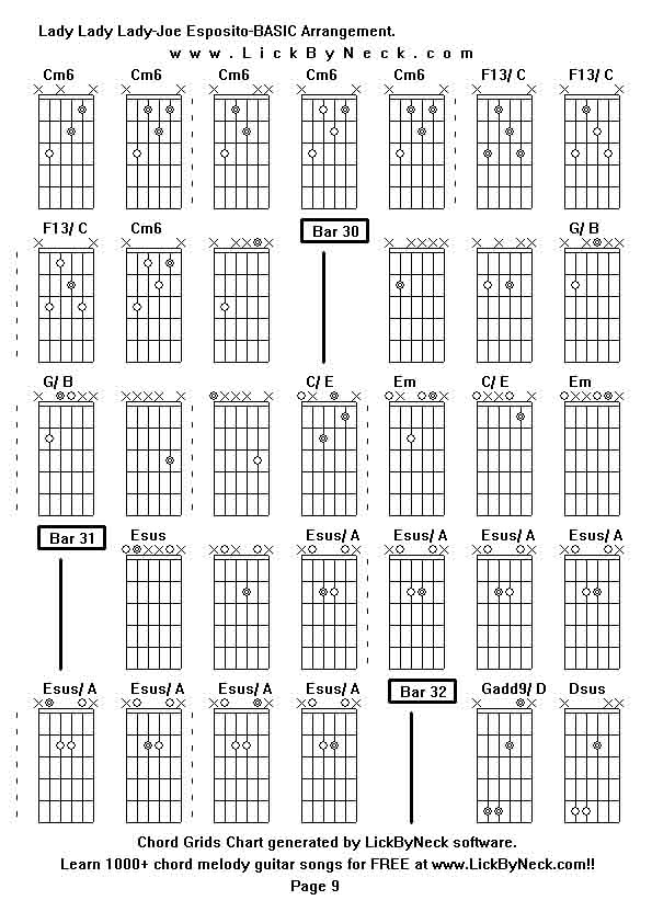 Chord Grids Chart of chord melody fingerstyle guitar song-Lady Lady Lady-Joe Esposito-BASIC Arrangement,generated by LickByNeck software.